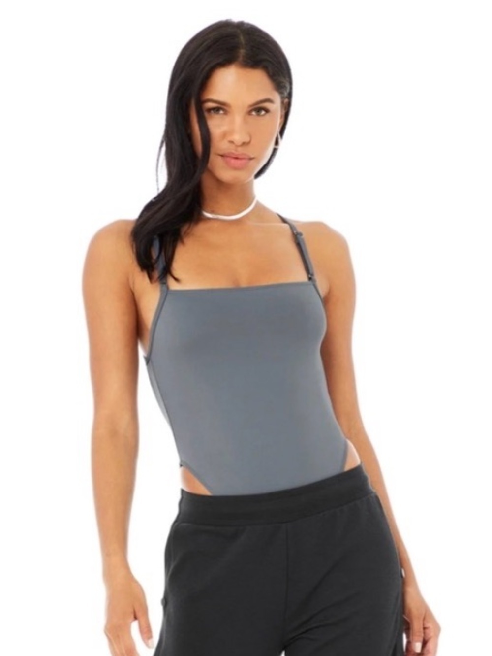 ALO Yoga Slate Grey Square-Neck One-Piece Swimsuit - Picture 3 of 7